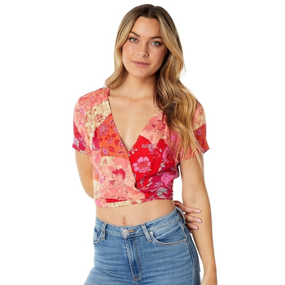 Free People Vibrant Floral Wrap Blouse - Red and Pink